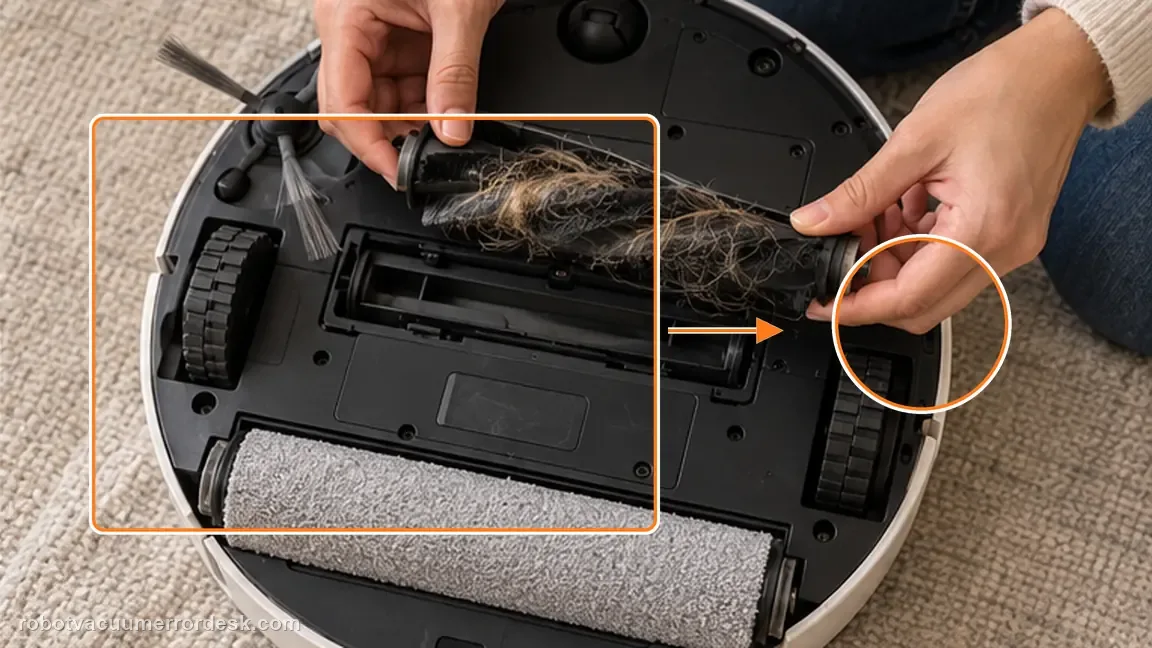 Dreame Aqua10 Ultra Roller Complete shown in a close repair view of brush remove, matching the remove the roller brush and clear foreign objects check.
