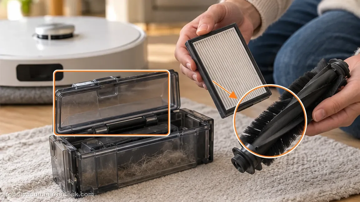 Dreame Aqua10 Ultra Roller Complete shown in a close repair view of filter clean, matching the use the manual to check filter, dust box and other brushes check.