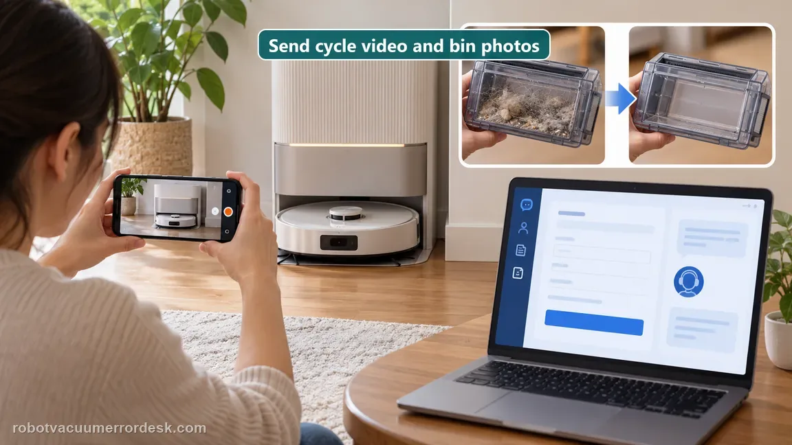 An owner records a return-to-base cycle and before/after dustbin photos for support.