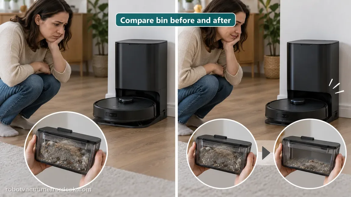 Before and after photos compare the robot dustbin after a normal return, distinguishing no cycle from weak collection.