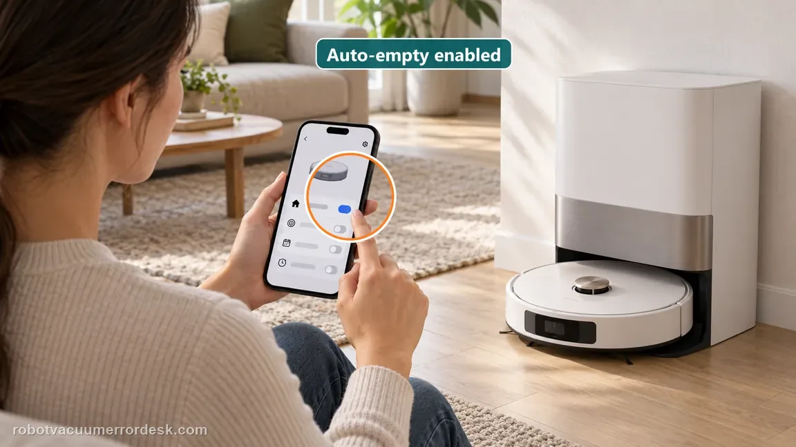 An owner checks generic automatic-empty settings on the robot app beside the docked Aqua10.