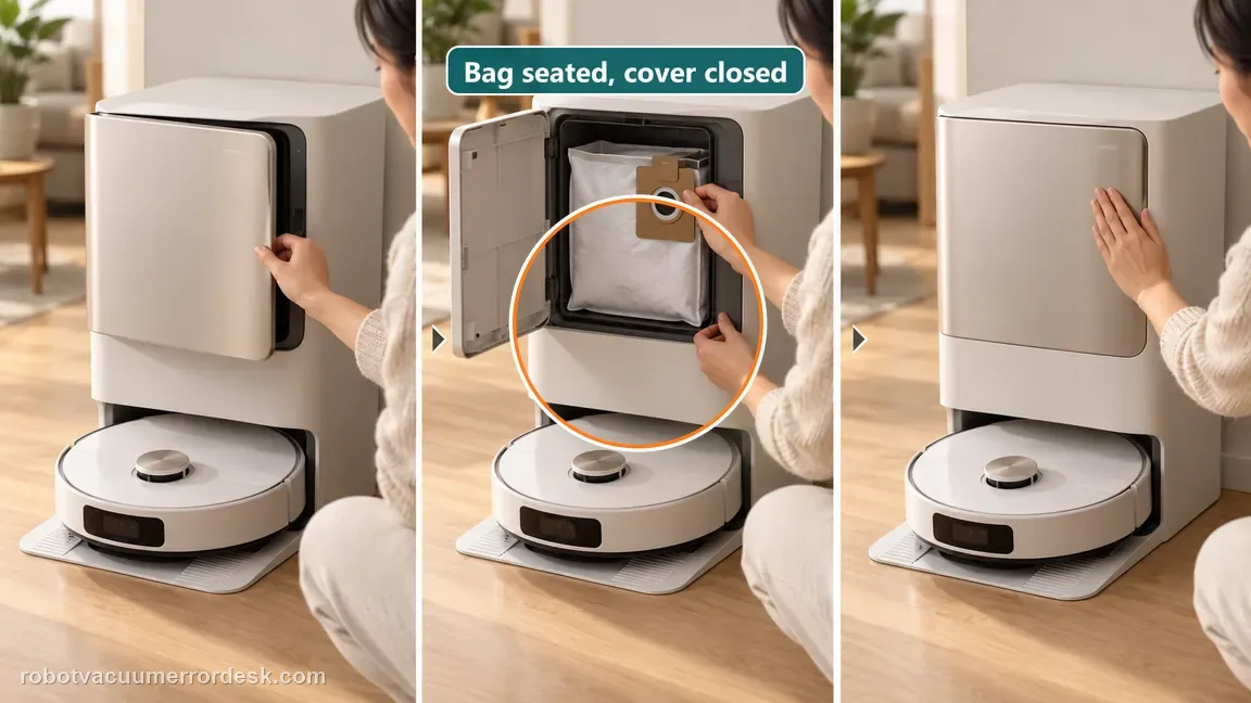 A person checks that the dust bag is seated in its compartment and closes the cover flush.