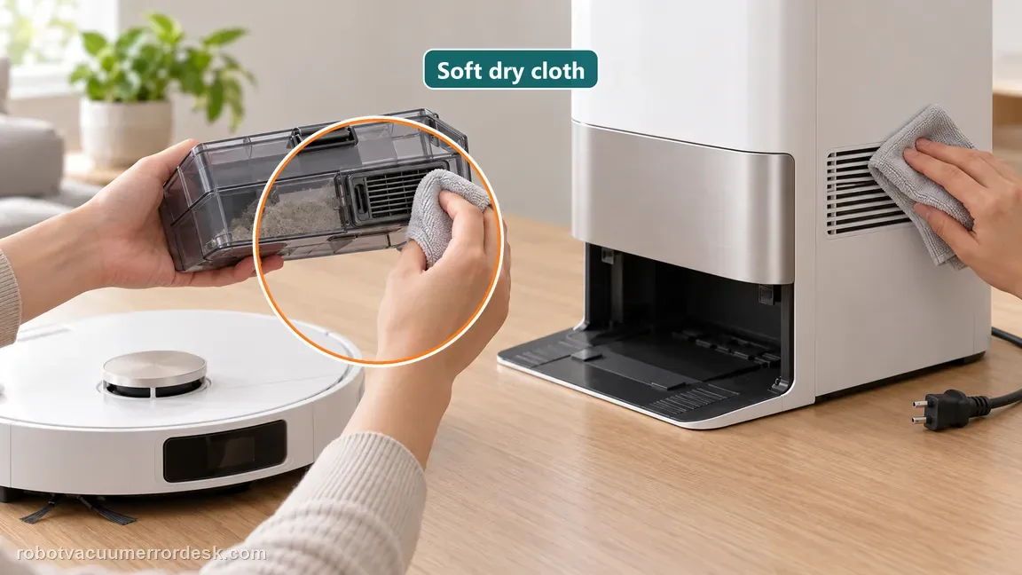 A soft dry cloth clears lint from the removable dustbin vent and the visible outside base vent while the station is unplugged.