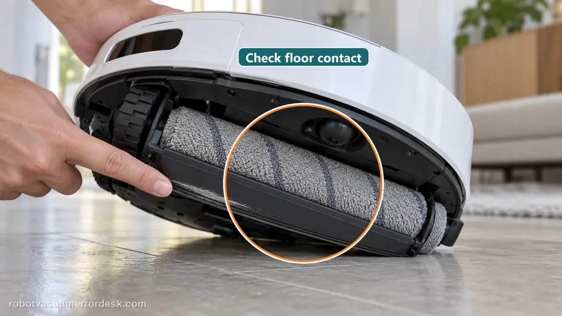 A finger points to the main brush guard edge on the underside of a powered off white roller robot.