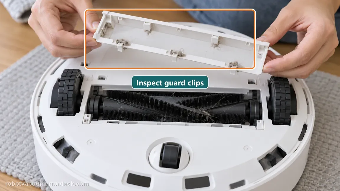 A removable white main brush guard is held above the robot while its clip tabs and trapped lint are inspected.