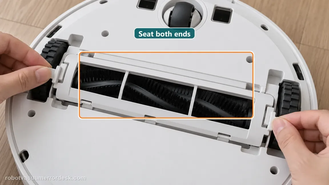 Hands align both ends of the white main brush guard so it sits flush over the single black bristle roller.