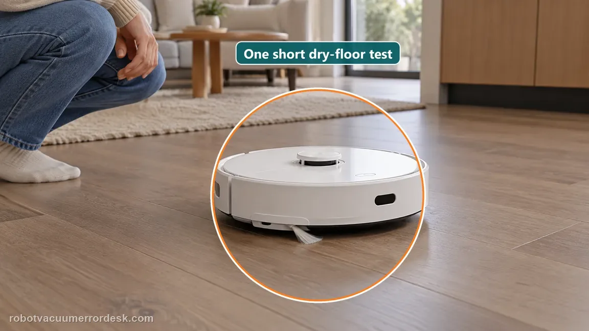 A white robot vacuum makes a brief test on clean dry hardwood while the owner watches nearby.