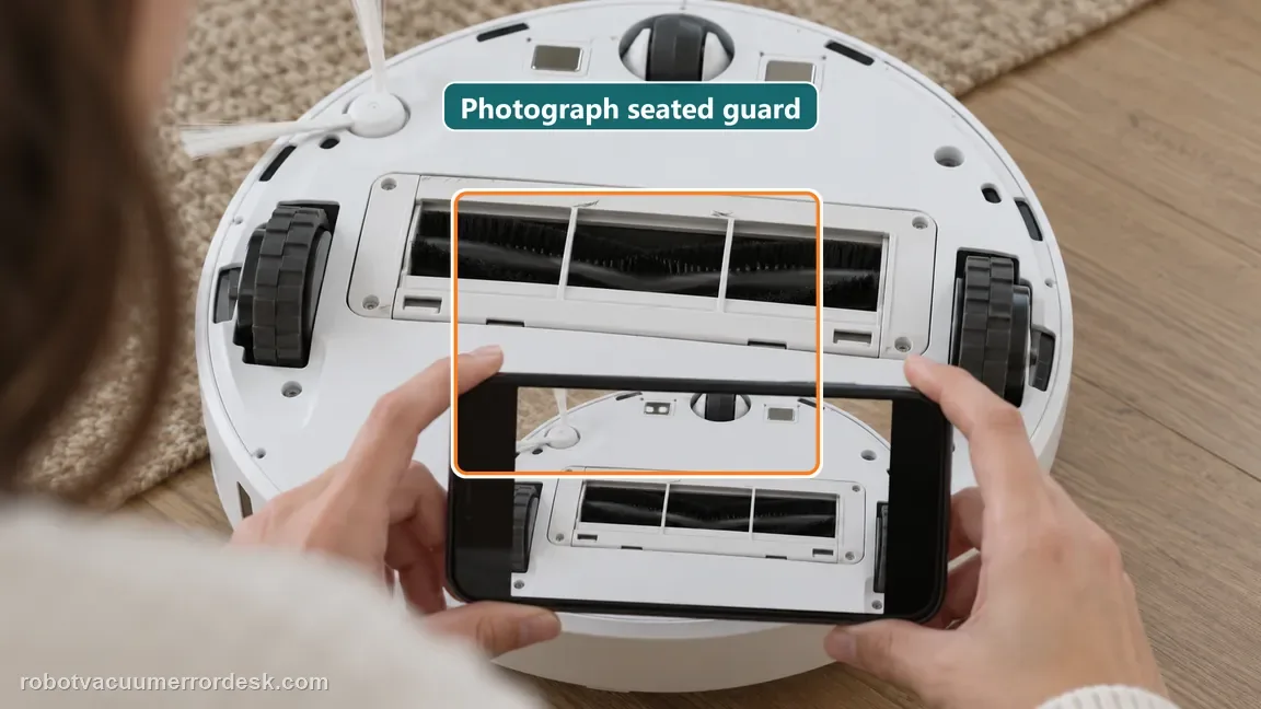 A phone camera frames the underside of the robot to document the correctly seated brush guard and contact marks.