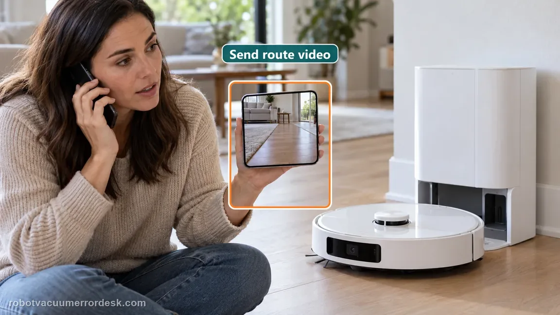 A homeowner contacts Dreame support while sharing a phone video of the robot route beside its dock.