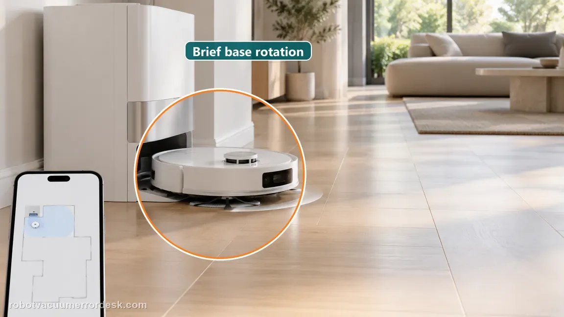 A white Aqua10 style robot turns briefly beside its dock before entering an open cleaning route.