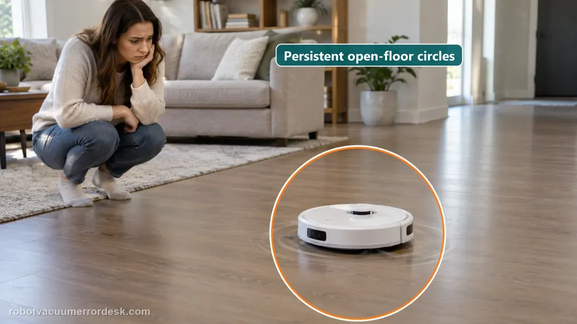 A white robot continues a tight turn on clear open dry flooring while the owner watches from nearby.