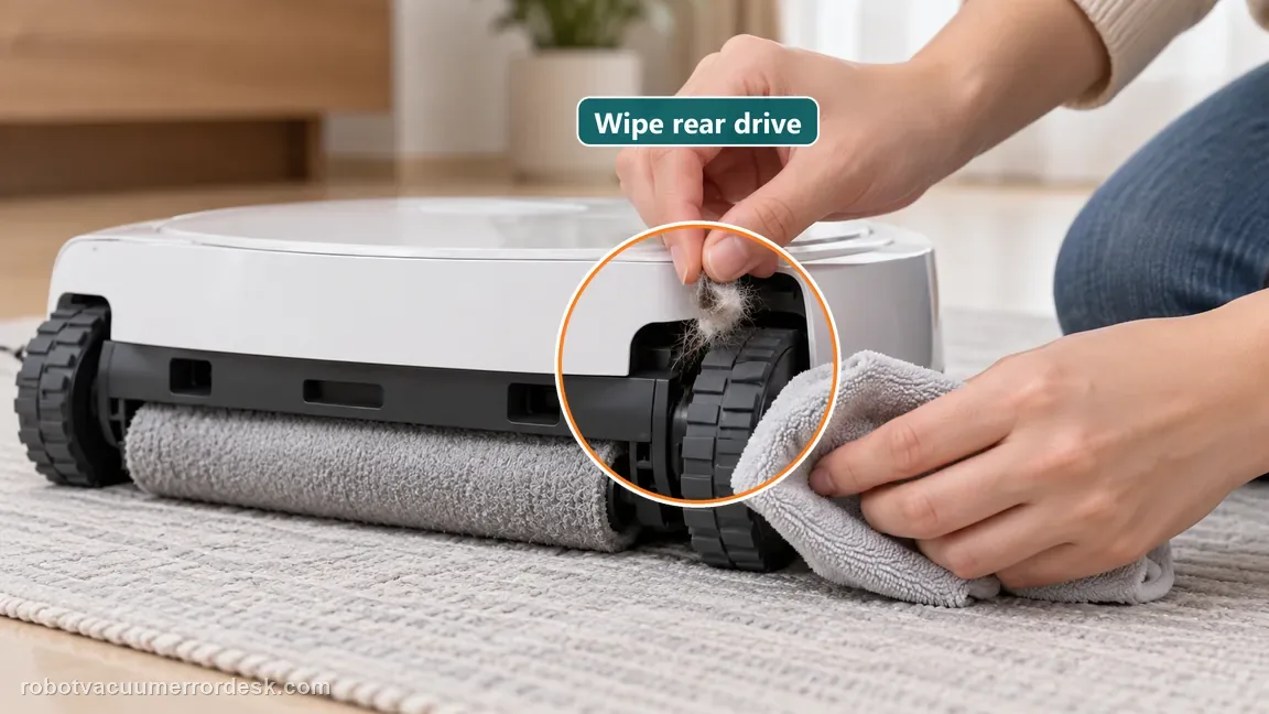 A homeowner wipes visible lint from the accessible rear drive wheel area of a powered off roller robot.