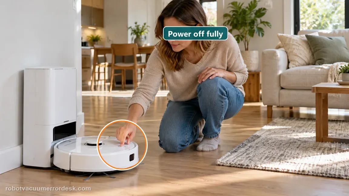 A homeowner presses the robot's power control while it sits fully assembled on dry floor beside the dock.