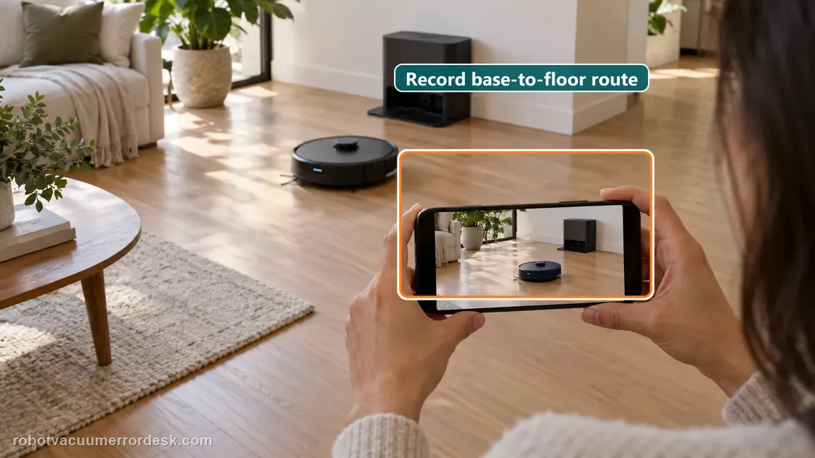 A phone records the robot moving across open floor with its dock still visible in the same scene.