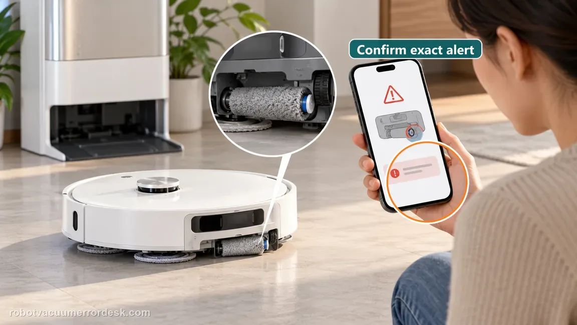A phone shows a generic roller-related alert beside the Aqua10 robot removed from its base.