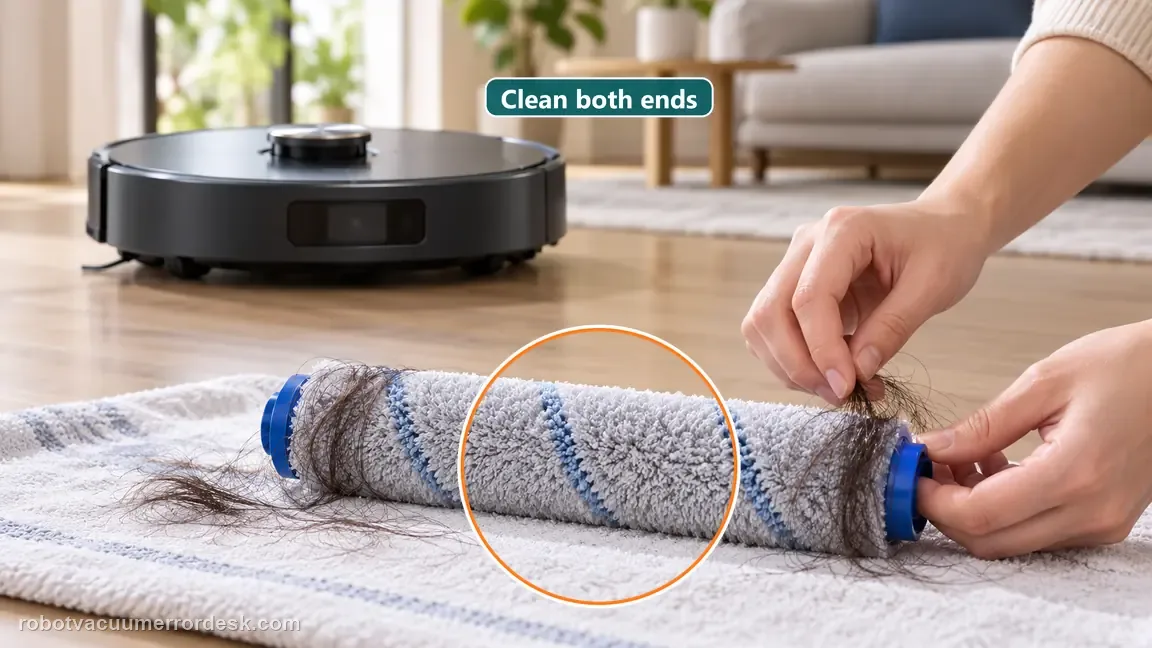 The small fluffy roller is detached and loose hair is removed from its surface and accessible ends.