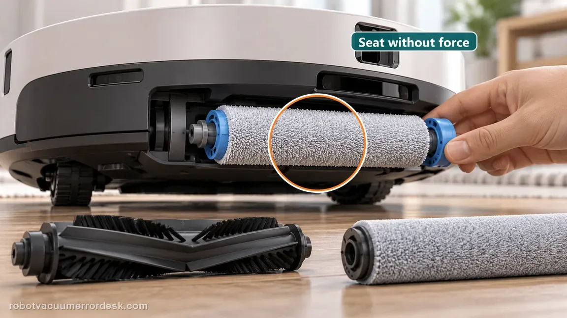 A hand aligns the cleaned small fluffy roller with its normal mount without force.
