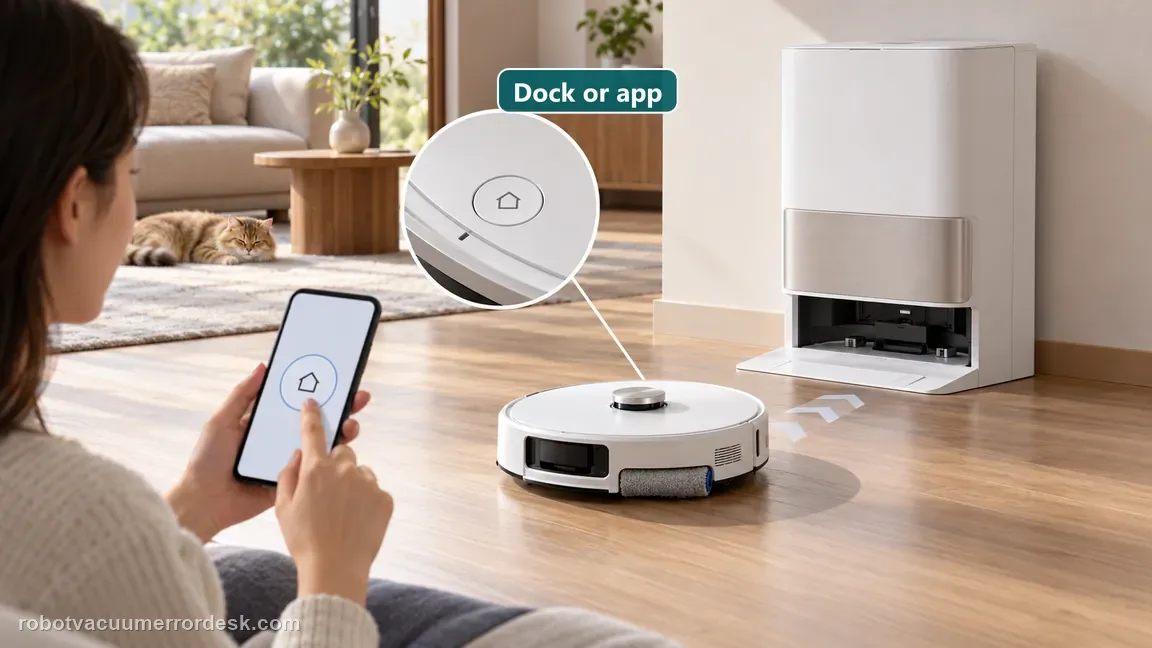 The owner taps a generic return control as the round robot moves toward its base.