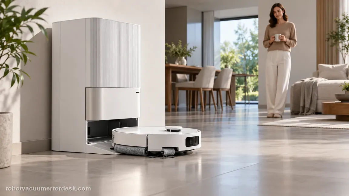The robot leaves its base on a clear floor for a brief task after roller service.