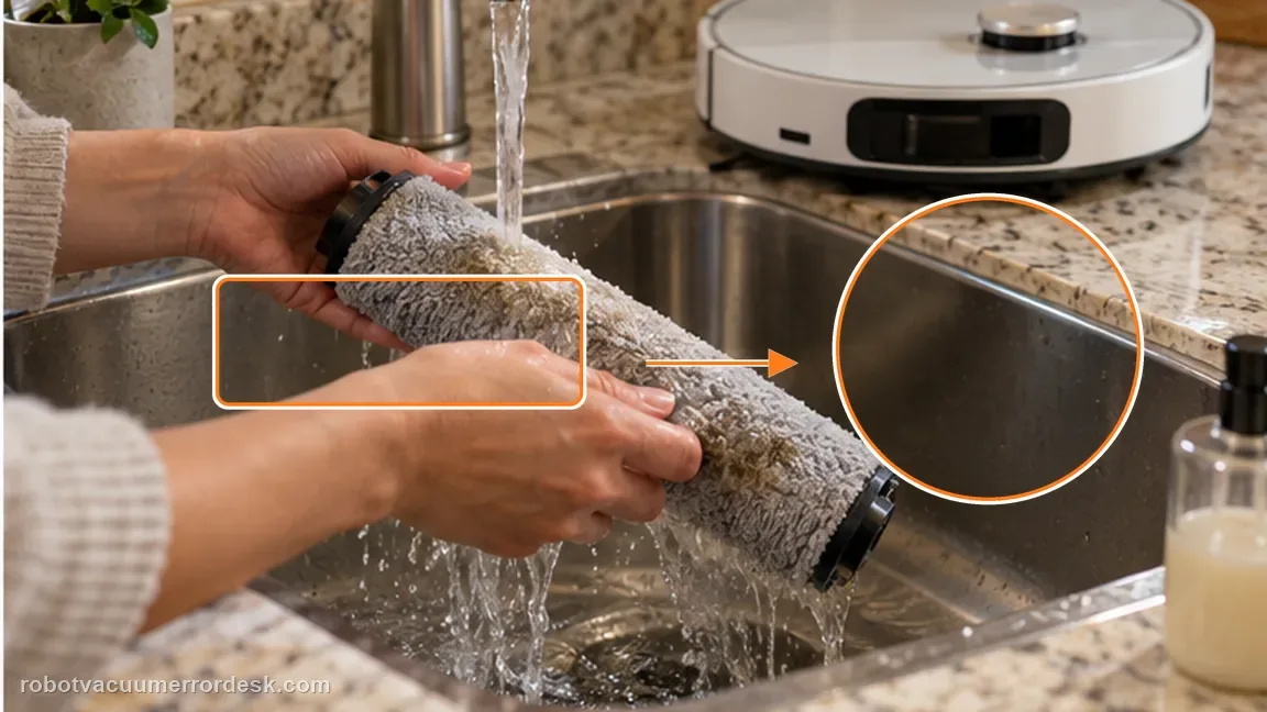 Dreame Aqua10 Ultra Roller Complete shown in a close repair view of mop pad clean, matching the clean the mop pad and decide whether it is still serviceable check.