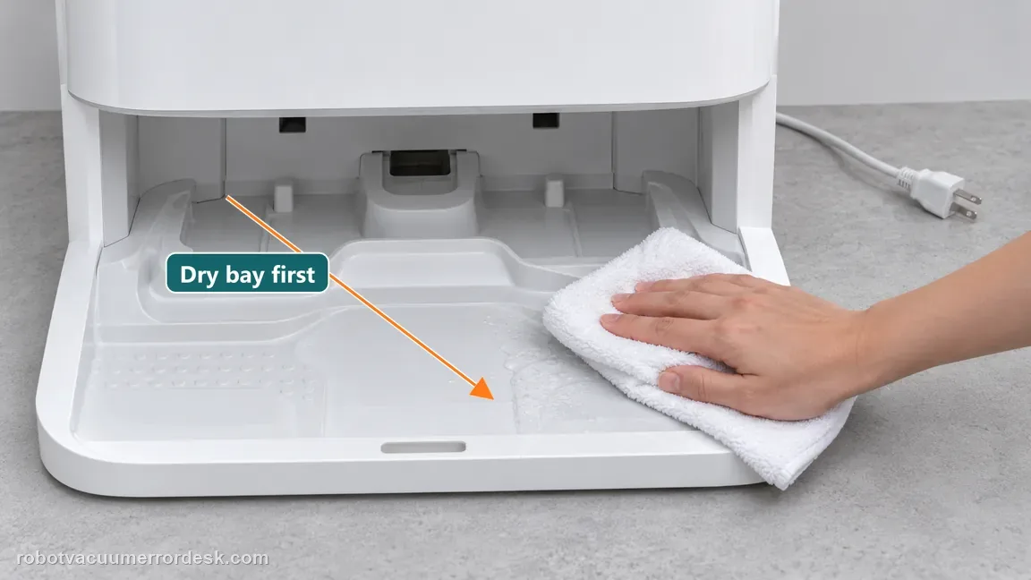 A hand wipes moisture from the base station's lower wash bay with its power plug disconnected; an arrow marks the wet basin area.