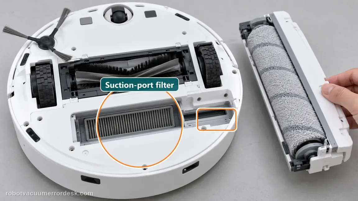 Robot vacuum underside with detached roller mop assembly; the suction-port filter is ringed and its neighboring scraping channel is boxed for inspection.