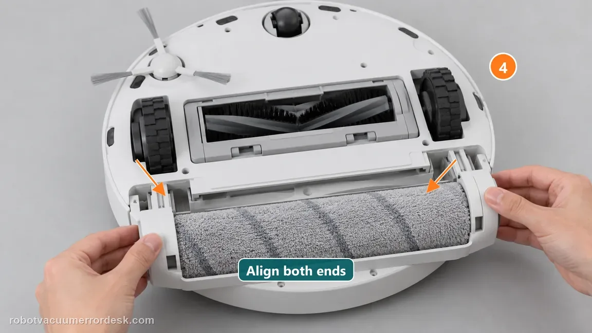 Two hands align the roller mop assembly with its underside rails; arrows point to both attachment ends.