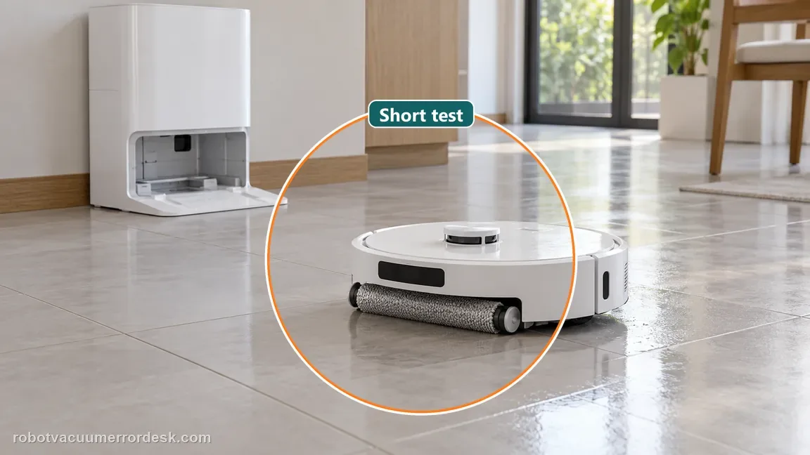 The robot performs one short wet-cleaning task on a clear tiled floor near its clean and dry base station.