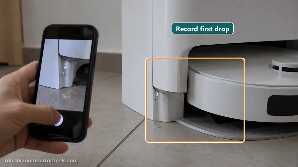 A phone records the first drop at the side of an intact robot dock from dry tile flooring.