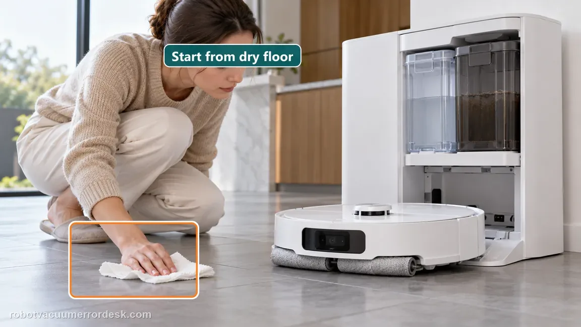 A homeowner dries the tile beside an Aqua10 style robot and watches the refill and used water box areas.