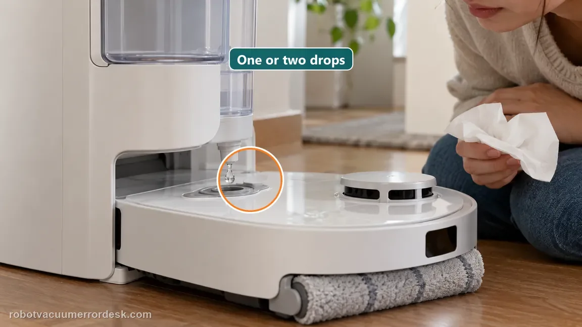 A single small drop hangs from the robot refill port while the owner observes with a tissue nearby.
