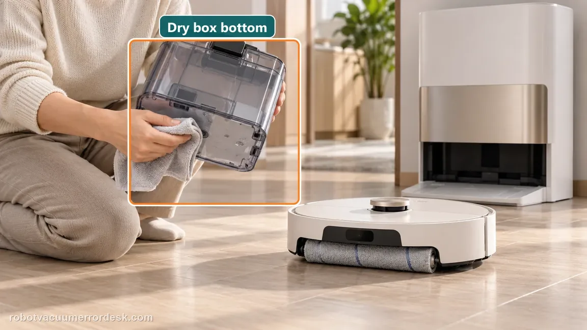 A person wipes the underside of the removable used-water box beside the round Aqua10 robot with its single microfiber roller and the home dock.