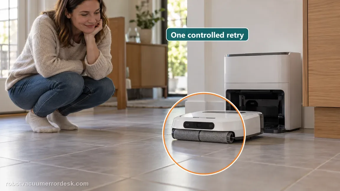 A homeowner watches an Aqua10 style roller robot leave its dock on a dry tile floor after reseating the box.