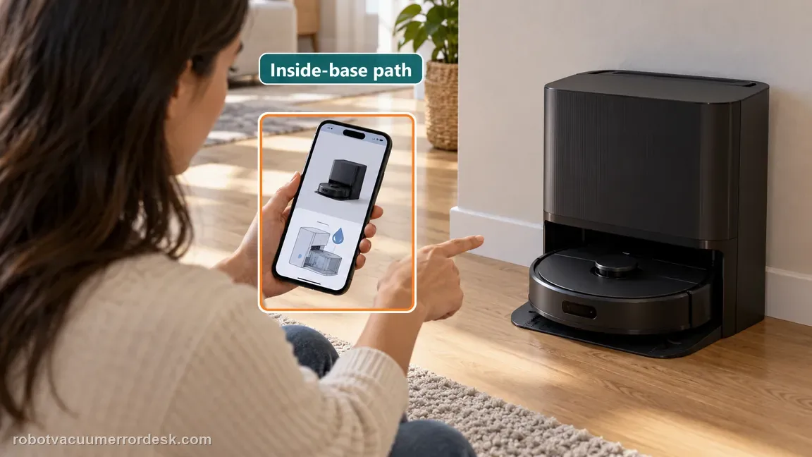 A phone shows a separate water leak support guide beside a closed robot dock and robot.