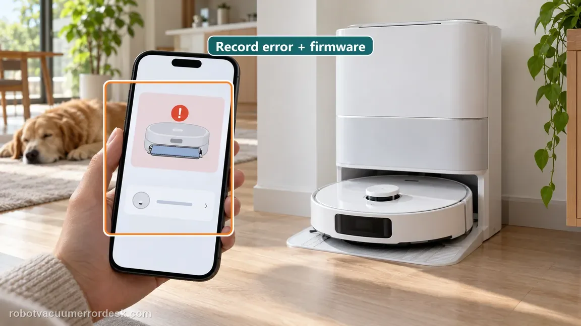 A phone records the mop-cover error and device information beside the Aqua10 robot at its base.