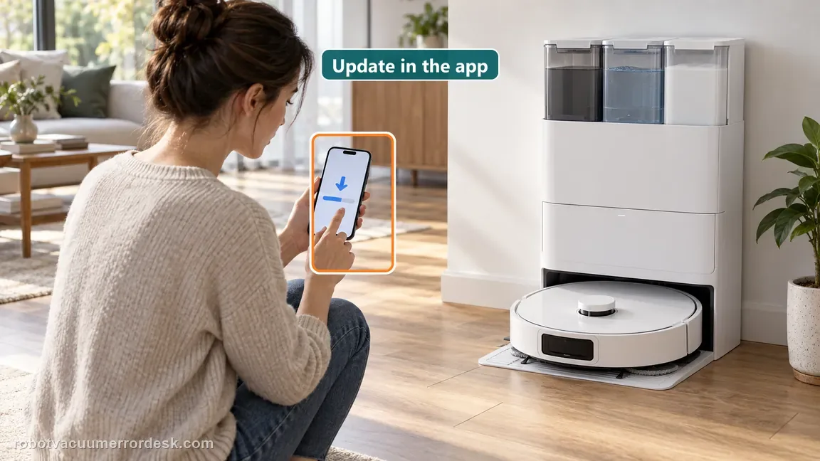 The owner checks a firmware download screen while the Aqua10 robot is parked at its base.
