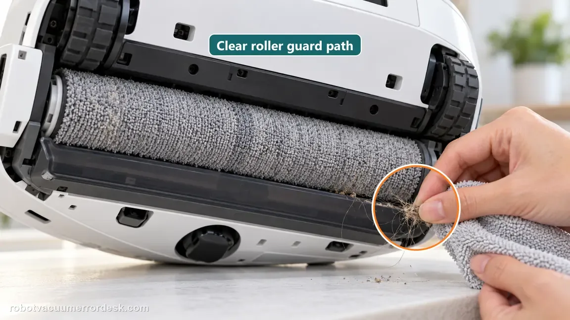 A hand removes loose hair from the roller guard travel area on the powered-off robot.