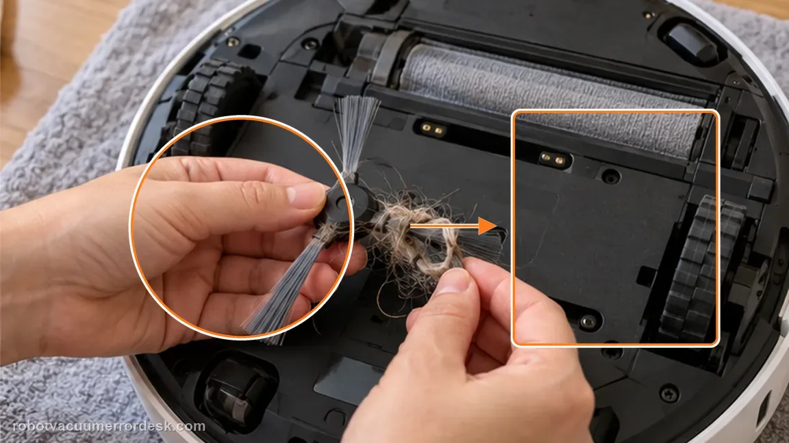 Dreame Aqua10 Ultra Roller Complete shown in a close repair view of side clear, matching the power off, remove the side brush and clear entanglement check.