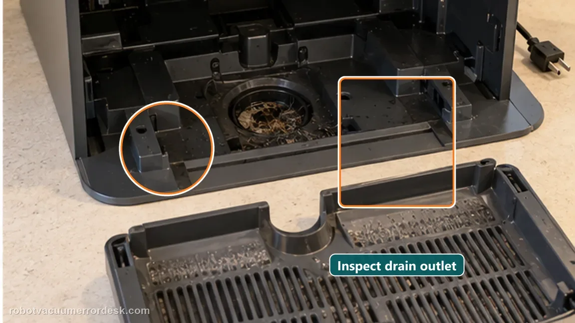 Dreame Aqua10 Ultra Roller Complete shown in a close repair view of filter outlet, matching the stop and inspect the sewage outlet before changing app settings check.