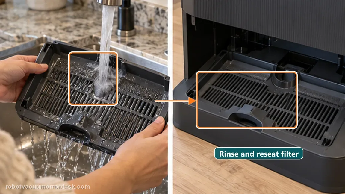 Dreame Aqua10 Ultra Roller Complete shown in a close repair view of rinse filter, matching the rinse and reinstall the washboard filter correctly check.