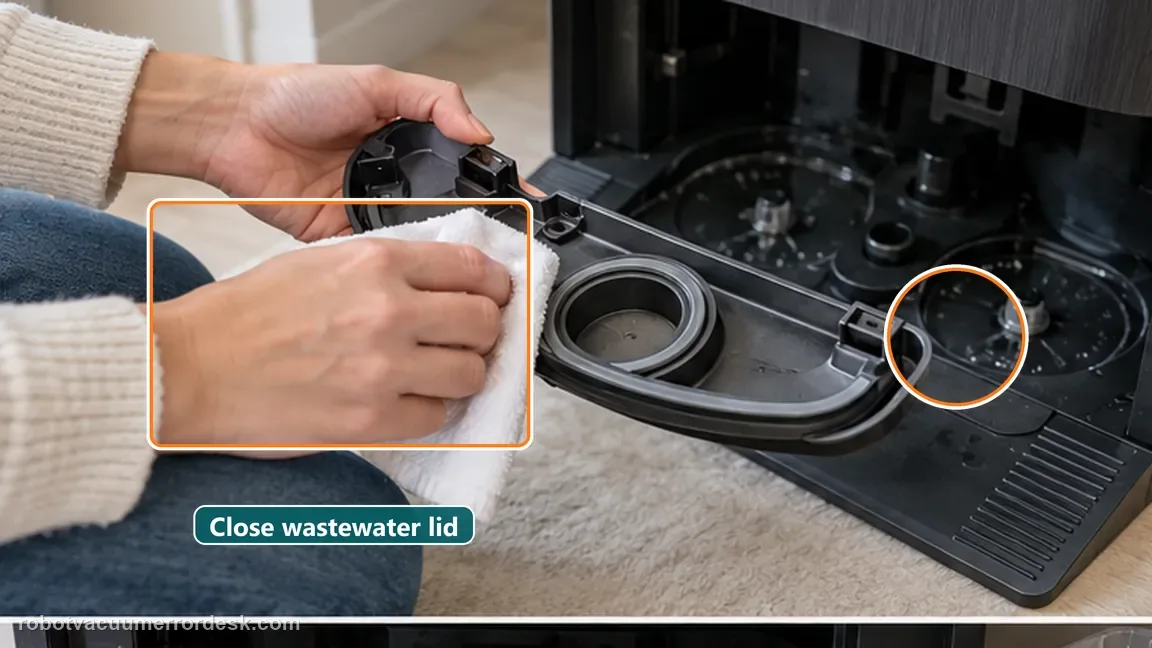 Dreame Aqua10 Ultra Roller Complete shown in a close repair view of sewage latch, matching the clean the sewage cover and prove the buckle closes check.