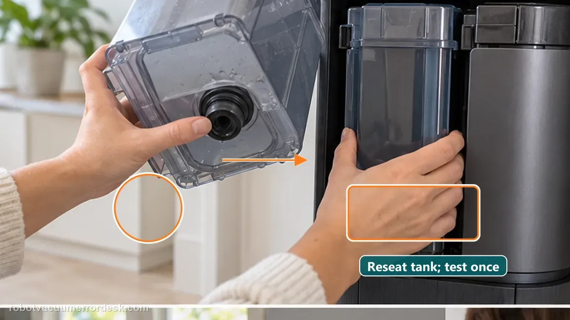 Dreame Aqua10 Ultra Roller Complete shown in a close repair view of tank seal retest, matching the check the tank connection seal, reseat the tank and retest once check.