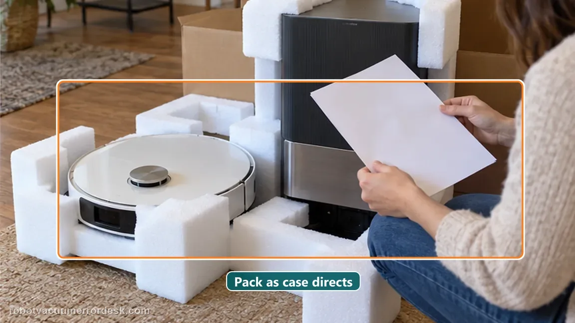 Dreame L20 Ultra is shown with a close repair view of packing, matching the follow the current case-specific packing instructions check.