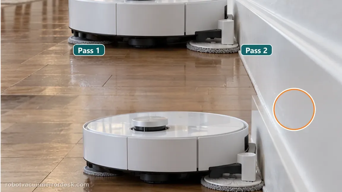Dreame L20 Ultra is shown with a close repair view of mop repeat, matching the compare edge behavior in a simple straight-wall test check.