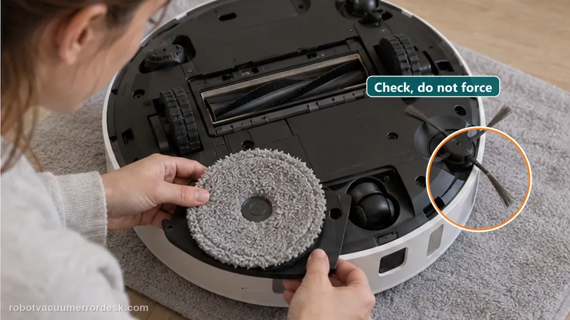 Dreame L20 Ultra is shown with a close repair view of arm check, matching the inspect the mop assembly for obvious interference without forcing the arm check.