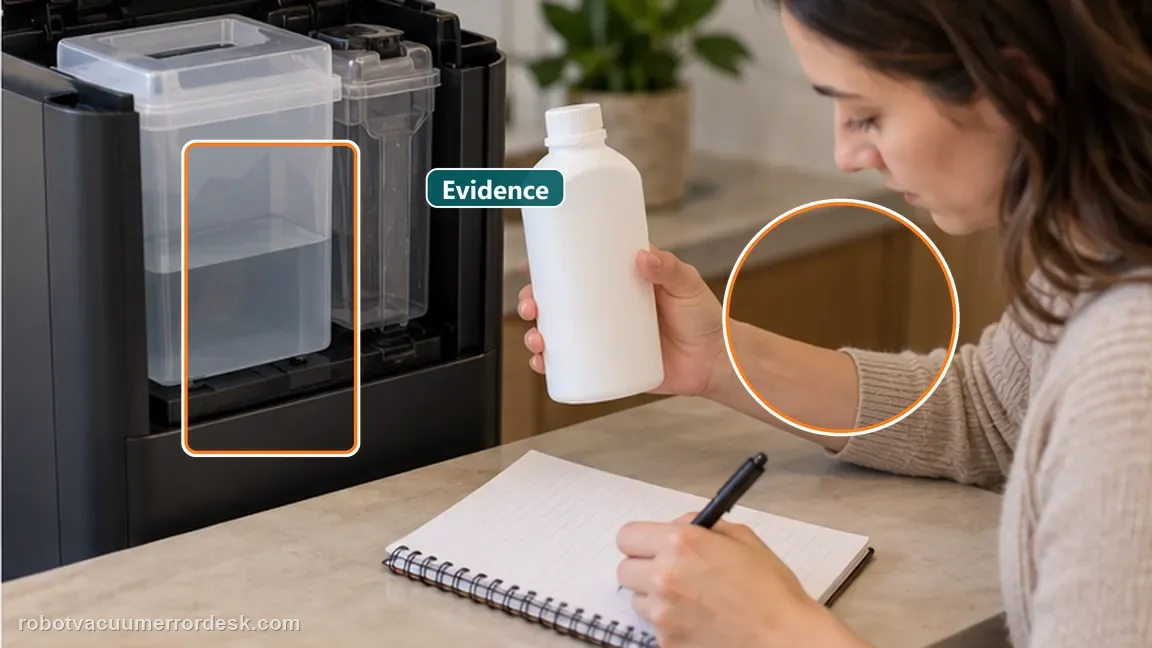 Dreame L20 Ultra is shown with a close repair view of evidence, matching the document tank level, approved fluid state and output before service check.