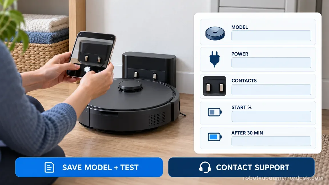 A support-evidence card lists model, power checks, contact checks, and before-and-after battery readings to share with Dreame.