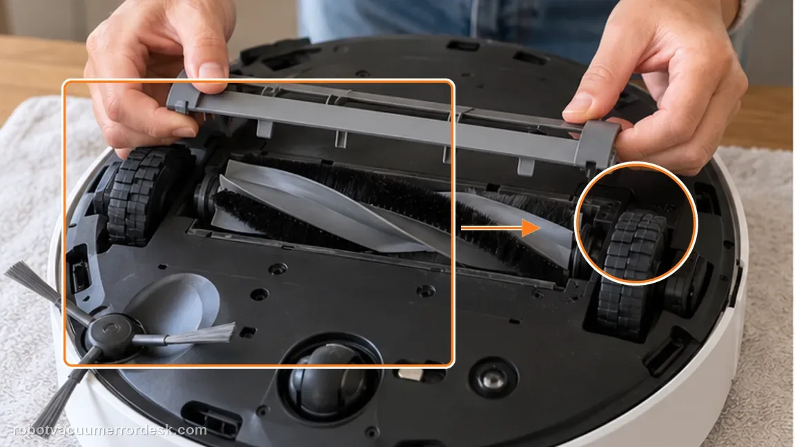 Dreame L50 Ultra AE shown in a close repair view of brush remove, matching the remove the cover plate and roller check.