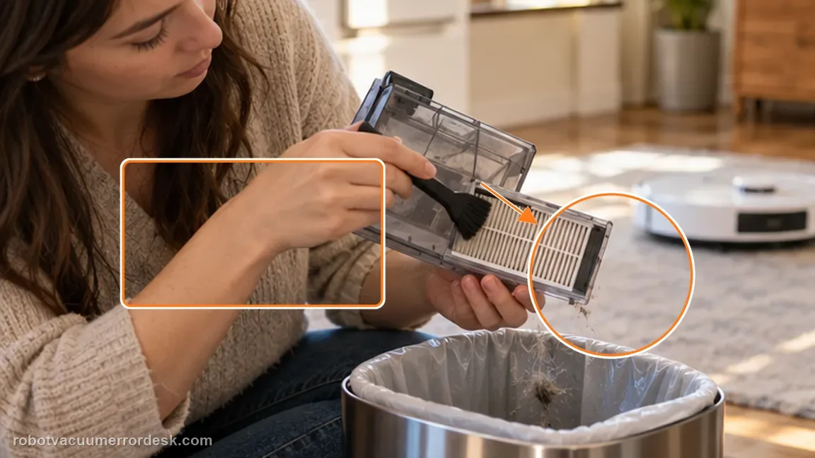 Dreame L50 Ultra AE shown in a close repair view of filter clean, matching the clean the filter and dustbin to remove the airflow branch check.