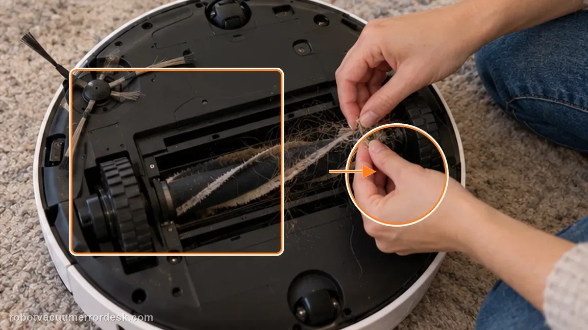 Dreame L50 Ultra AE shown in a close repair view of brush clear, matching the inspect the main and side brushes for hard debris and tangles check.